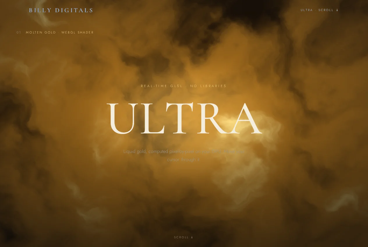 Ultra — real-time WebGL molten gold, aurora and liquid glass effects